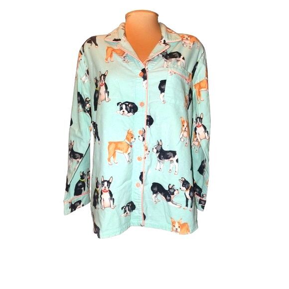 Nick & Nora English Bulldog Print Long Sleeve Button Front Flannel PJ Top Size L - Picture 1 of 5